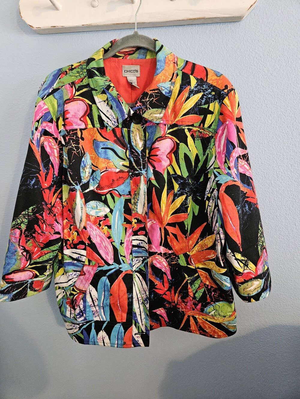 Chico's Black Multi Tropical Print Jacket with Coral Lining
